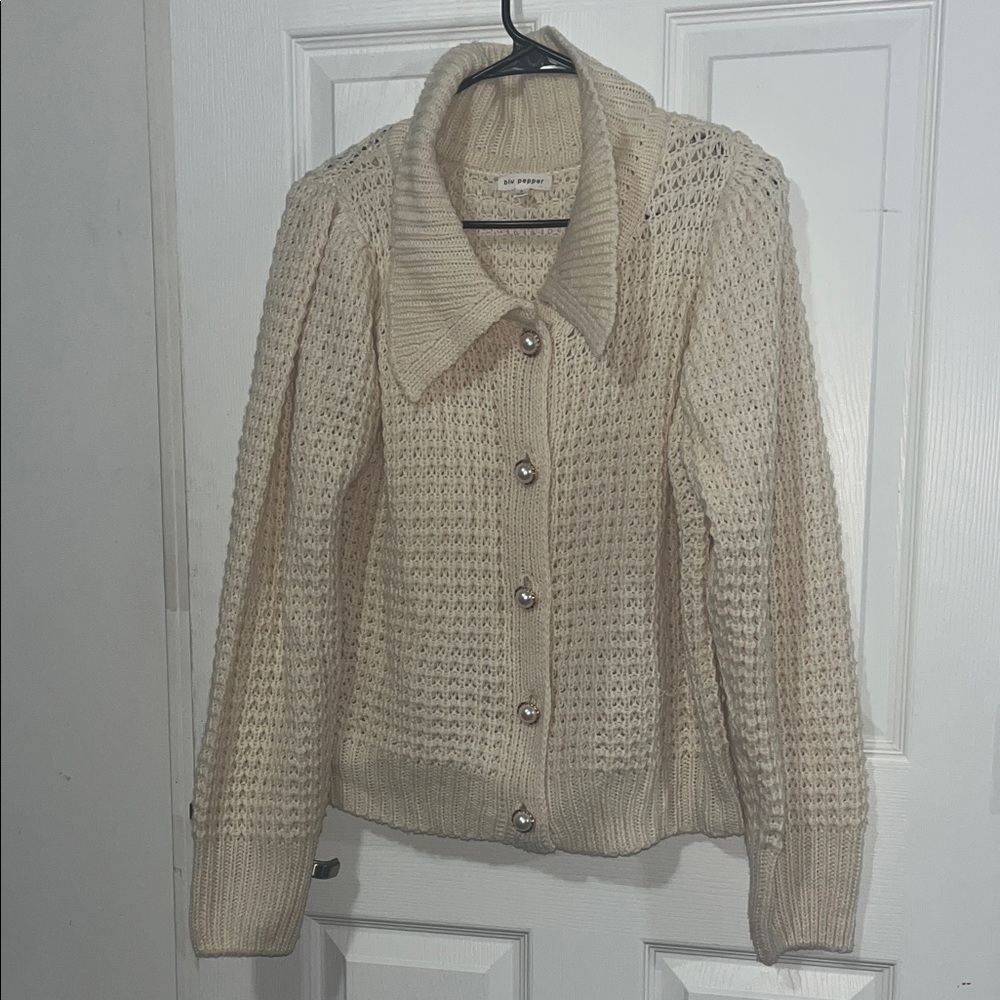Vici Cream Pearl Button-Up Knit Cardigan